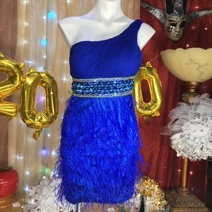 DAVE & JOHNNY BLUE FEATHERS DRESS SIZE 3/4